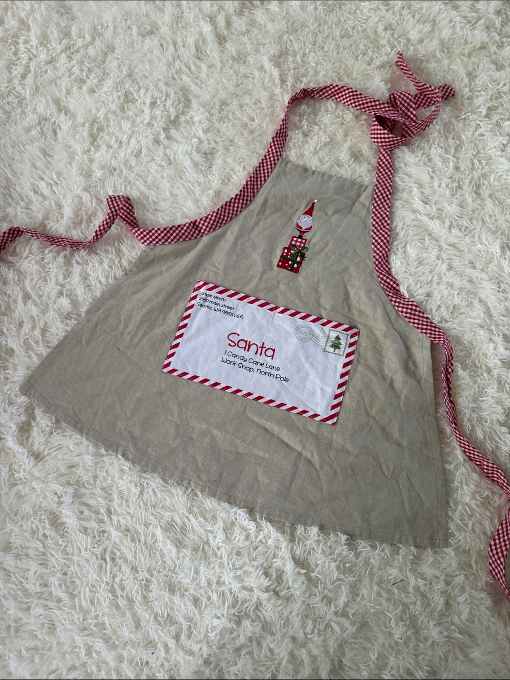 Santa Letter Holiday Apron with Red Gingham Trim